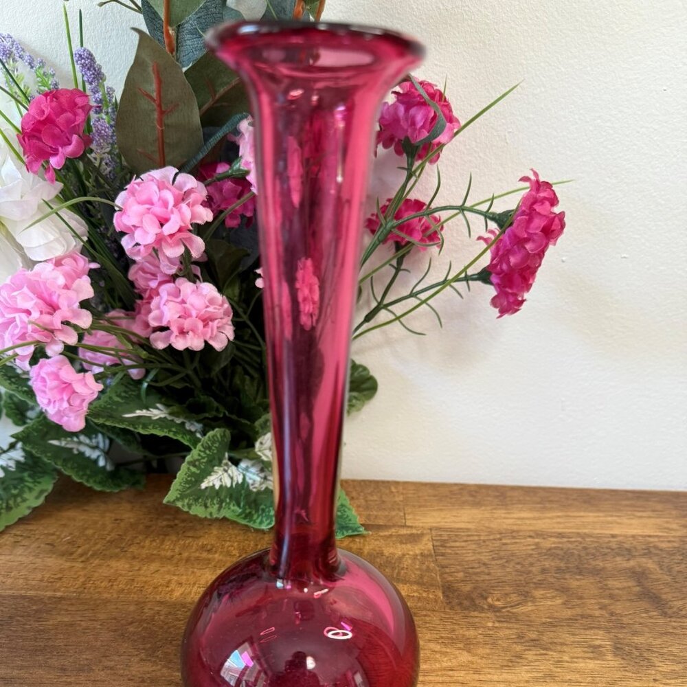 Vintage Handblown Cranberry Glass Vase Long Neck Round Base Art Glass Decor